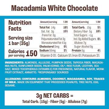 Munk Pack Keto Snack Bars, Macadamia White Chocolate - Low Carb Nut Bar with 6g Protein, 1g Sugar with Allulose - Gluten Free & Low Glycemic - 12 Count