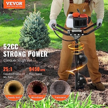 VEVOR 52cc Gas Powered Post Hole Digger with Two Drill Bits