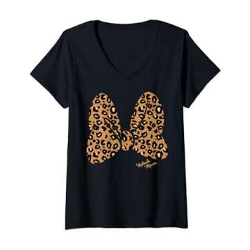 Womens Disney Minnie Mouse Leopard Print Bow V-Neck T-Shirt,Short Sleeve