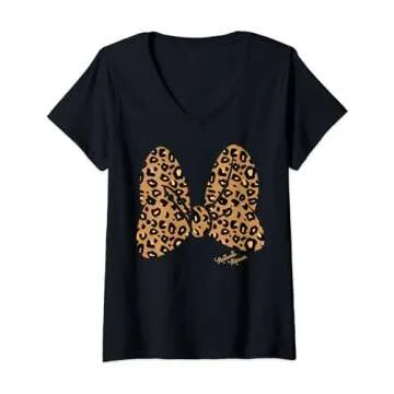 Womens Disney Minnie Mouse Leopard Print Bow V-Neck T-Shirt,Short Sleeve