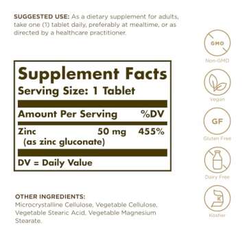 Solgar Zinc Dietary Supplement 50 Mg - 100 Vegetarian Tablets