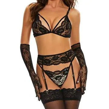 Women Lingerie with Stockings and Gloves,Garter Belt Lingerie Set Black S