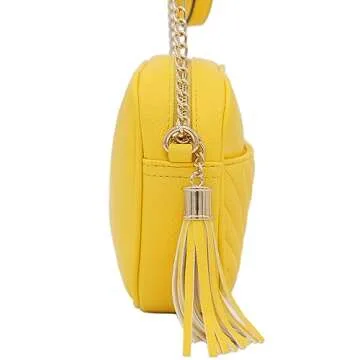 FashionPuzzle Chevron Quilted Crossbody Camera Bag with Chain Strap and Tassel (Yellow)