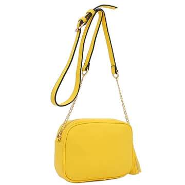 FashionPuzzle Chevron Quilted Crossbody Camera Bag with Chain Strap and Tassel (Yellow)