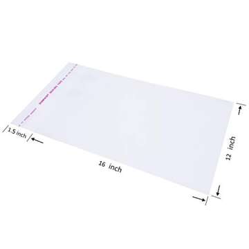 Wowfit 100 Count 12x16 Inch Clear Cellophane Plastic Bags, Resealable Self-Sealing Cello Bags Great for Packaging Clothing, Shirts, Decorative Wrappers, Party Favors, Artwork and More