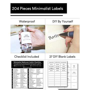 Sootozy 204 Minimalist Bathroom Labels for Organizing, Preprinted Black Script Waterproof Labels, Bathroom Organization Labels for Storage Bins Containers and Jars