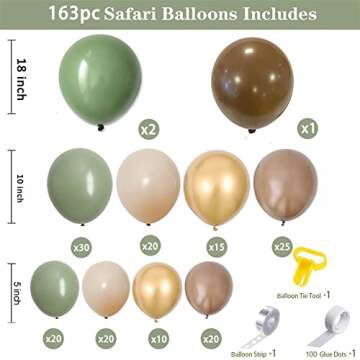 DUILE Sage Green Balloon Garland Kit, 163 Pcs, Natural Latex, Jungle Safari Woodland Birthday Decora...