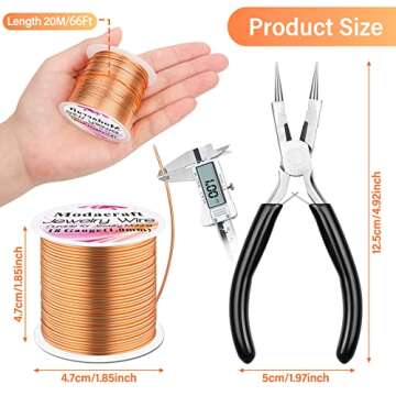 Modacraft 18 Gauge Copper Wire for Jewelry Making with 4 in 1 Plier, 65Ft/1mm Craft Beading Pure Bar...