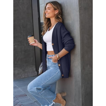 LILLUSORY Women Oversized Cardigan Sweater 2025 Fall Outfits Cloth Fashion V Neck Knit Button Front Casual Trendy Tops Navy Blue Medium