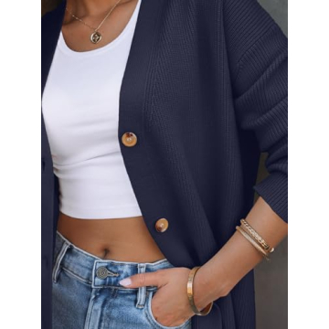 LILLUSORY Women Oversized Cardigan Sweater 2025 Fall Outfits Cloth Fashion V Neck Knit Button Front Casual Trendy Tops Navy Blue Medium
