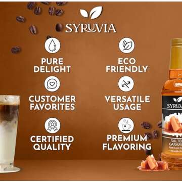 Syruvia Salted Caramel Syrup – Salted Caramel Coffee Syrup Flavor, 25.4 fl oz, Kosher, Gluten Free, Perfect for Coffee, Drinks, Soda, Desserts, and More, With Syrup Pump