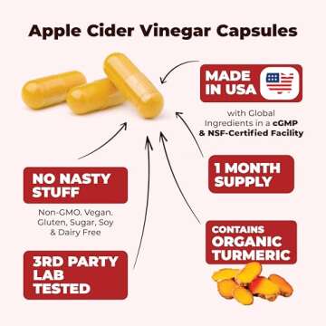 Turmeric Supplement and Organic Apple Cider Vinegar Capsules with Ginger for Joint Health, Metabolic & Digestive Support. Premium Turmeric Apple Cider Vinegar Supplements. Non-GMO. Vegan. 60 ACV Caps