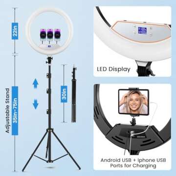22'' Ring Light with 75'' Tripod Stand, LED Display/2 USB Ports/6500K Dimmable Ring Light for ipad Phone Holder for Tattoo Lash Live Makeup Video Recording TikTok Barber Stylist Photography