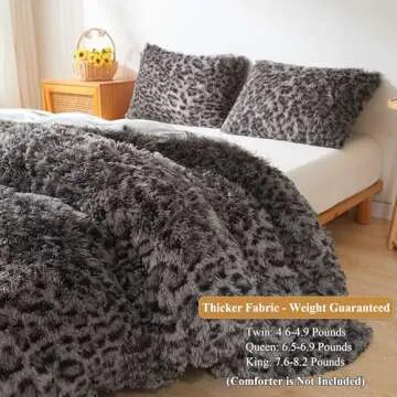 XeGe Cheetah Print Fluffy Faux Fur Duvet Cover Set, 3 Pieces Soft Plush Shaggy Fuzzy Bedding Set(1 Faux Fur Leopard Print Comforter Cover + 2 Furry Pillowcases), Zipper Closure(Queen, Light Grey)