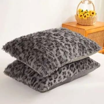 XeGe Cheetah Print Fluffy Faux Fur Duvet Cover Set, 3 Pieces Soft Plush Shaggy Fuzzy Bedding Set(1 Faux Fur Leopard Print Comforter Cover + 2 Furry Pillowcases), Zipper Closure(Queen, Light Grey)