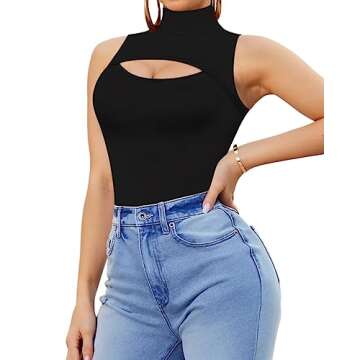MANGOPOP Black Bodysuit Mock Neck Cutout Body Suit Sleeveless Tank Tops(Black,XL)
