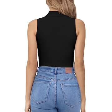 MANGOPOP Black Bodysuit Mock Neck Cutout Body Suit Sleeveless Tank Tops(Black,XL)