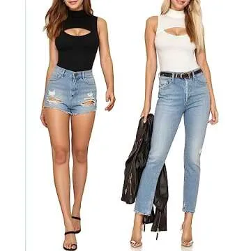 MANGOPOP Black Bodysuit Mock Neck Cutout Body Suit Sleeveless Tank Tops(Black,XL)