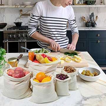 TOPDesign Reusable Produce Bags, Muslin Bags with Drawstrings for Shopping & Storage, 100% Natural Cotton Bags, Washable, Biodegradable, Food Safe