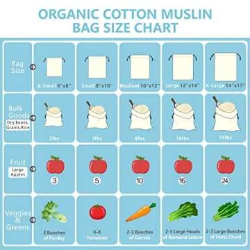 TOPDesign Reusable Produce Bags, Muslin Bags with Drawstrings for Shopping & Storage, 100% Natural Cotton Bags, Washable, Biodegradable, Food Safe