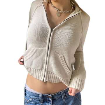 KMBANGI Women Zip Up Hood Cardigan Sweaters Solid Long Sleeve Drawstring Knit Hoodies Y2K Lightweight Sweatshirts(Z1-knit white,S)