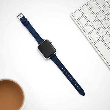 STIROLL Slim Leather Bands Compatible with Apple Watch Band 38mm 40mm 41mm 42mm(Series 10), Top Grain Leather Watch Thin Wristband for iWatch Ultra SE Series 10/9/8/7/6/5/4/3/2/1(Navy with Silver)