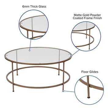 Flash Furniture Astoria Collection Round Coffee Table - Modern Clear Glass Coffee Table - Brushed Gold Frame