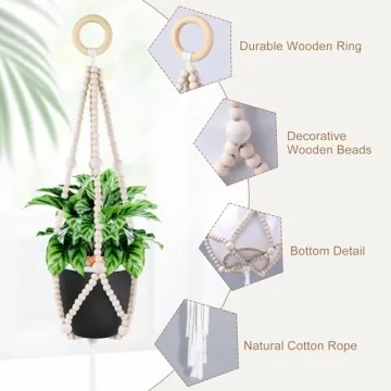 Hotfiary Bohemian Wood Bead Plant Hanger for Any Space
