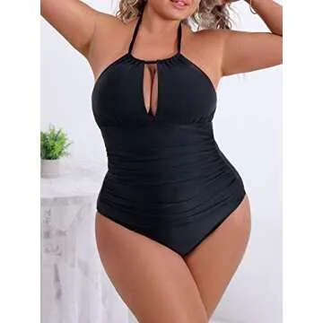 B2prity Women's Slimming One Piece Swimsuits Tummy Control Bathing Suit Halter Swimwear for Big Busted Curvy Woman A-Black