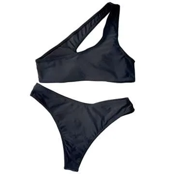 NaRHbrg Bikini Sets for Women's Casual One Shoulder Sexy Cutout Bikinis Padded Bathing Suit Sport Thong Brazilian Swimsuit Black