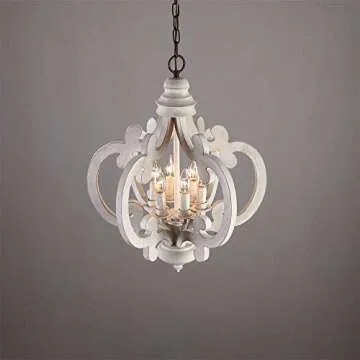 LOVEDIMA Rustic Vintage Iron Wooden Chandelier 6-Light Candle Hanging Ceiling Light in Distressed White