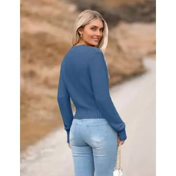 Zeagoo Women's 2025 Fall Crewneck Cropped Sweater Trendy Long Sleeve Ribbed Knit Pullover Jumper Tops Blue