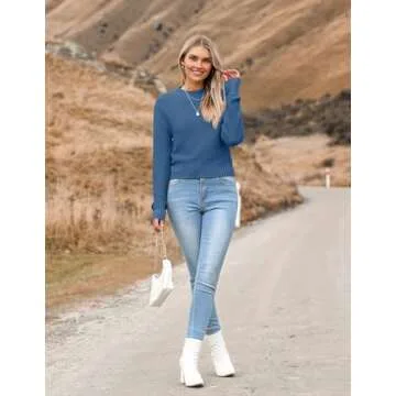 Zeagoo Women's 2025 Fall Crewneck Cropped Sweater Trendy Long Sleeve Ribbed Knit Pullover Jumper Tops Blue