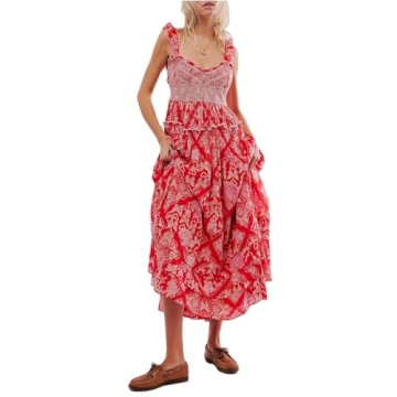 Women Summer Dresses Flowy Smocked Maxi Dress Puff Sleeve Sweetheart Y2K Floral Boho Beach Sundresse...