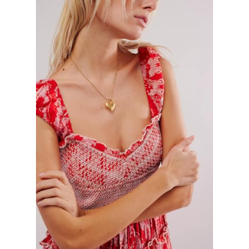 Women Summer Dresses Flowy Smocked Maxi Dress Puff Sleeve Sweetheart Y2K Floral Boho Beach Sundresses, Cap Sleeve Red, Large