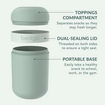 Bentgo Snack Cup - Reusable Snack Container with Leak-Proof Design, Toppings Compartment, and Dual-Sealing Lid, Portable & Lightweight for Work, Travel, Gym - Dishwasher Safe (Mint Green)