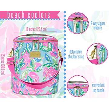 Lilly Pulitzer Pink/Blue/Green Insulated Soft Beach Cooler with Adjustable/Removable Strap and Doubl...
