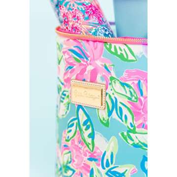 Lilly Pulitzer Pink/Blue/Green Insulated Soft Beach Cooler with Adjustable/Removable Strap and Double Zipper Close, Totally Blossom