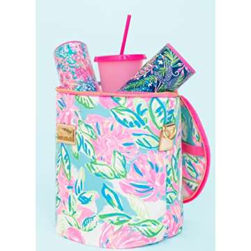 Lilly Pulitzer Pink/Blue/Green Insulated Soft Beach Cooler with Adjustable/Removable Strap and Double Zipper Close, Totally Blossom