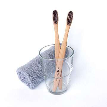 Karbon Charcoal Infused Bamboo Toothbrushes (5 Pack) W/Bamboo Toothpicks Soft Bristles Biodegradable BPA Free