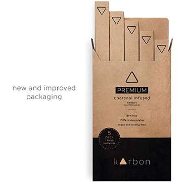 Karbon Charcoal Infused Bamboo Toothbrushes (5 Pack) W/Bamboo Toothpicks Soft Bristles Biodegradable BPA Free
