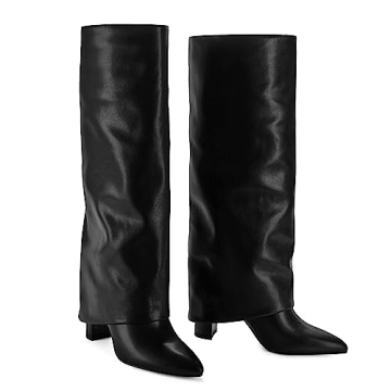 Modatope Black Fold Over Knee High Pointed Chunky Heeled Tall Long Boots for Women Size 7.5