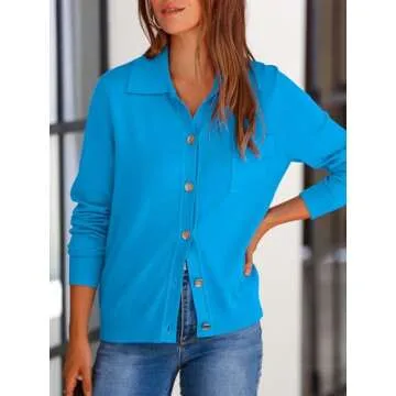 PRETTYGARDEN Long Sleeve Collar Knitted Button Down Shirts for Women Plus Size Tops Womens Cardigan Sweaters with Pockets (Blue, Large)