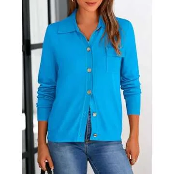 PRETTYGARDEN Long Sleeve Collar Knitted Button Down Shirts for Women Plus Size Tops Womens Cardigan Sweaters with Pockets (Blue, Large)