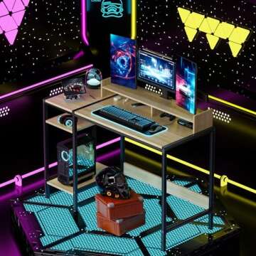 MINOSYS Small Computer Gaming Desk - 47” Home Office Desk with Storage, Monitor Stand for 2 Monito...