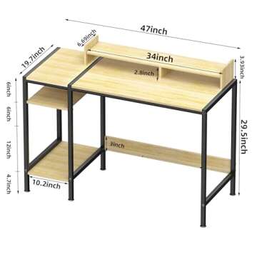 MINOSYS Small Computer Gaming Desk - 47” Home Office Desk with Storage, Monitor Stand for 2 Monitors, Adjustable Storage Space, Writing,Modern Design Corner Table, Beech.