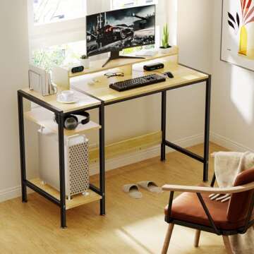 MINOSYS Small Computer Gaming Desk - 47” Home Office Desk with Storage, Monitor Stand for 2 Monitors, Adjustable Storage Space, Writing,Modern Design Corner Table, Beech.