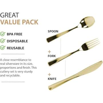 Gold Plastic Cutlery Silverware Set, 160 Count, Extra Heavyweight Disposable Flatware, Full Size Cutlery Combo, Polished Gold, 80 Forks, 40 Spoons, 40 Knifes