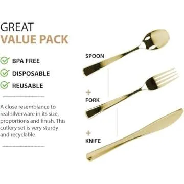 Gold Plastic Cutlery Silverware Set, 160 Count, Extra Heavyweight Disposable Flatware, Full Size Cutlery Combo, Polished Gold, 80 Forks, 40 Spoons, 40 Knifes