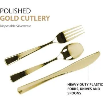 Gold Plastic Cutlery Silverware Set, 160 Count, Extra Heavyweight Disposable Flatware, Full Size Cutlery Combo, Polished Gold, 80 Forks, 40 Spoons, 40 Knifes